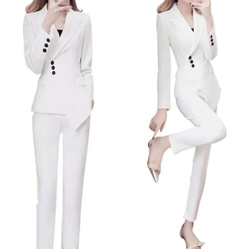 2021 two piece outfits for women Solid color fashion professional white OL women set clothing