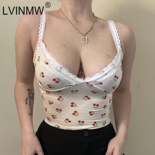 LVINMW V Neck Sleeveless Cherry Printed Cute Slim Backless Crop Top With Lace Patchwork Casual Harajuku Fashion Tank Tops Women