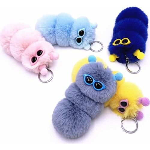Cute Caterpillar Faux Rabbit Fur PlushKeychain Car Holder Bag Pendant Key Chain Trinket Women Gift Kids Girl Keyring