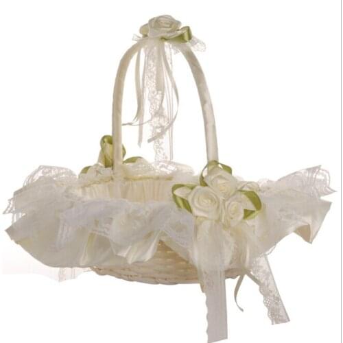 Fashion New Solid Romantic Lace Satin Bowknot Flower Girl Basket Wedding Ceremony Party Decor White