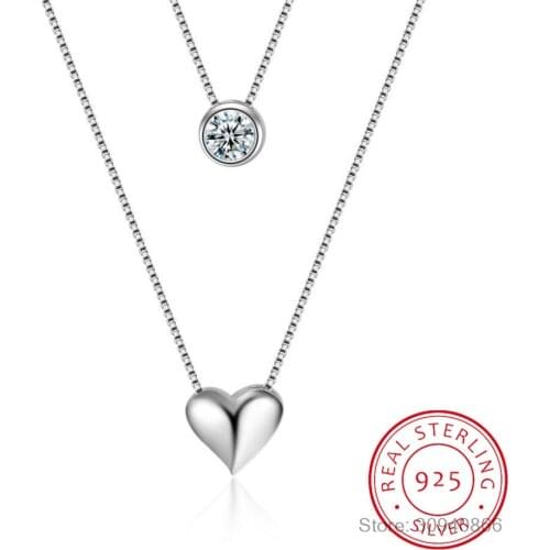 Wholesale Jewelry 925 Sterling Silver Double Layers Collarbone Necklace Chain CZ Love-heart Pendant Necklace For Women S-N157