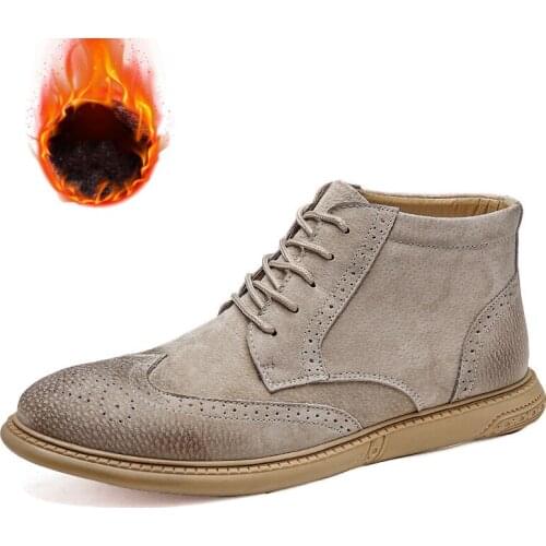 Autumn Winter Brogue Western Flat Men Ankle Snow Boots Handmade Oxfords Male Warm Plush Outdoor Sneakers Casual Dress Work Shoes