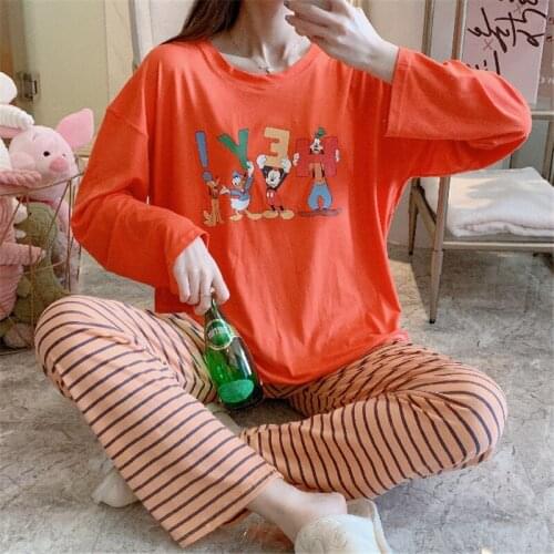 Cartoon Long Sleeve Mickey Lion King Duck Print Pajamas Loose and Fresh Womens Growth Sleeve Thin Set Home Service