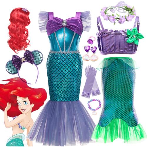 Girl Princess Little Mermaid Ariel Dress Kids Halloween Fancy Costume Children Carnival Birthday Party Clothes Summer Dress Up