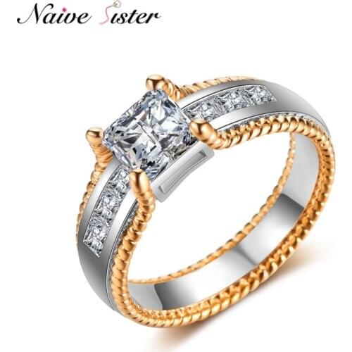 High Polished 2 Tone Engagement Ring Fashion Wedding Rings For Women Ladies Annversary Jewelry Girlfriend Love Gifts Gold Color