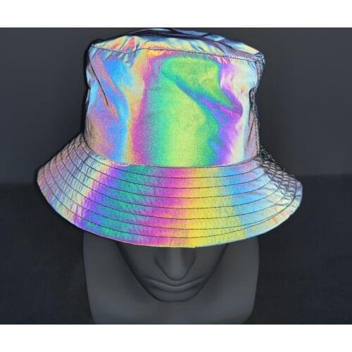Drop shipping colorful reflective bucket hat personality hip hop caps men women night magic color reflect light hats