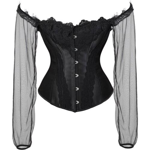 Sexy Steampunk Lace Wedding Bustier Top Blouse Female Waist Trainer Bodice Slimming Belly Body Shaper Corset Overbust Black