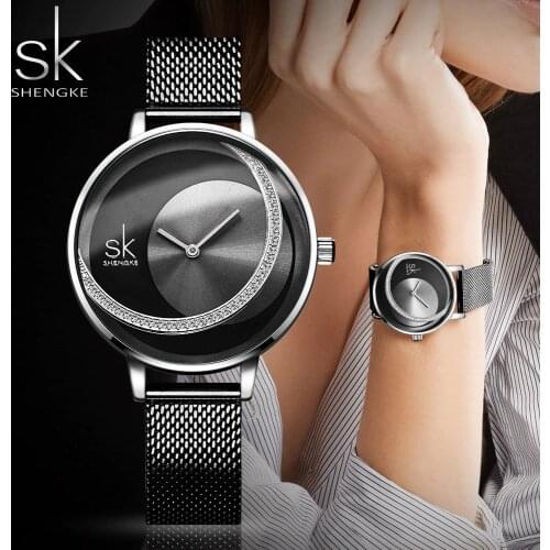 SHENGKE Brand Women Watch Creative Rhinestone Cool Black Stainless Quartz Watches Ladys Fashion Casual Waterproof Gift Clock