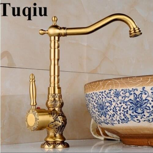 Vidric Basin Faucet Antique Brass Bathroom Faucet Basin Carving Tap Rotate Single Handle Hot and Cold Water Mixer Taps Crane
