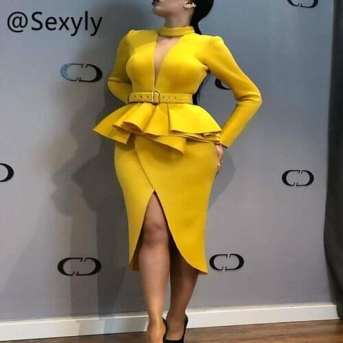 Modern Yellow Arabic Evening Dress With Sleeve Mermaid Midi Evening Gowns With Peplumn Satin Women Party Dress Vestido De Fiest