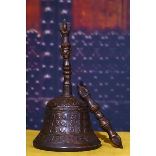 7"Tibet Buddhism Old Bronze Lima Copper Engraved Three-sided Mahakala Head Statue Vajra set Rattle Fa Ling Bells Exorcism