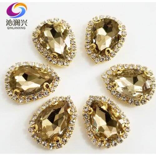 Light coffee Golden bottom Top grade Glass Crystal buckle,Drop shape sew on rhinestones,Diy wedding decoration 10pcs/pack SWSK04