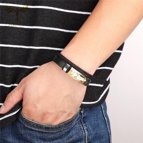 Vintage Mens Cross Leather Bangle Braided Rope Stainless Steel Accessories Christian Wrist Jewelry Hot Sale bracelet homme