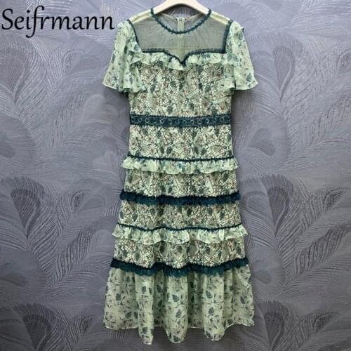 Seifrmann New 2021 Summer Women Fashion Designer Party Midi Dress Short Sleeve Ruffles Lace Sequined Elegant Ladies A-Line Dress