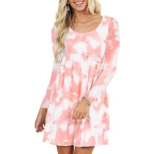 Spring Autumn O Neck Long Sleeve Womens Dress 2021 Fashion Tie Dye Print Pleated Casual Loose Lady Mini Dress Plus Size Basic