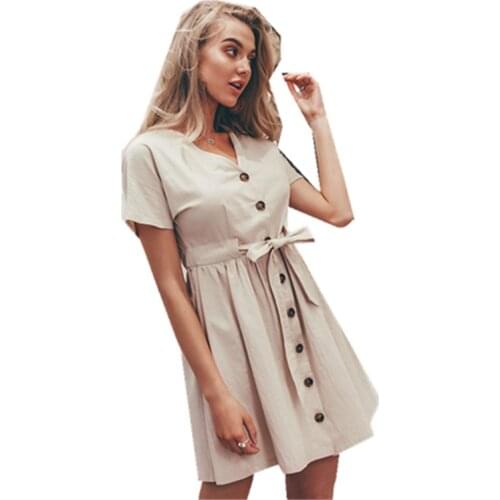 B Womens Fashion Summer Classic Dresses Short Sleeve V Neck Button Decorative Midi Dresses With Pockets Vestidos Femme Dresses
