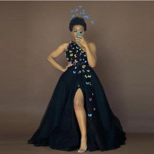 Butterfly Formal Dress Black Sash One Shoulder robe de soiree Elegant Long Evening Gown Tulle Slit vestido de festa longo
