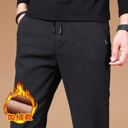 Winter Mens Business Casual Brand Fleece Thicken Warm Straight Long Trousers Autumn Man Cotton Classic Black Work Pants