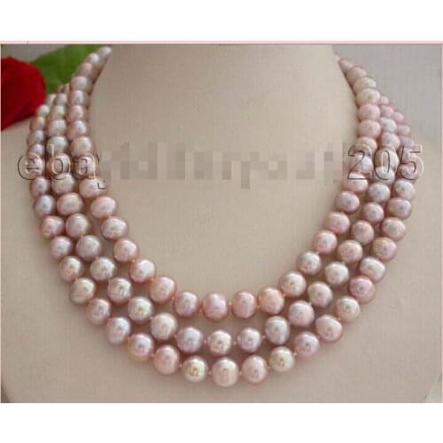 17-18-19" 3rows Genuine Natural 10mm Purple Round Pearl Necklace f1515