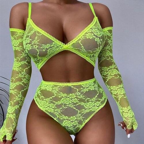 ZZSYKD 3Pcs Set Women Sexy Temptation Lace Bra G-String Garter Belt Lingerie Set Green Push Up Bra Erotic Underwear Lovely Girls
