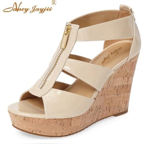 Beige Zipper Straps 2017 Sandals Summer Beach Designer Escarpins Sexy Ethnic Women Wedge Shoes Platform High Heel Sandals Shoes
