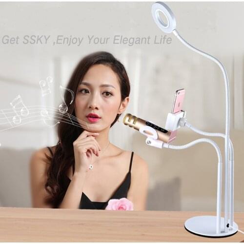 3in1 Selfie Ring Light with Microphone & Cell Phone Holder for Live Stream and Makeup LED Camera Light for iPhone Android Phone