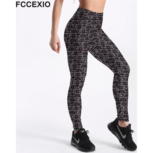FCCEXIO New Women Workout Leggings High Waist Fitness Legging Black Cat Head Print Leggins Female Pants Large Size Leggins Mujer
