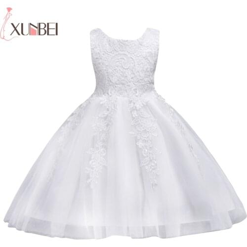1-8 Years O Neck Lace Flower Girl Tulle Dresses 2020 Sleeveless Appliques Bow Belt Princess Pageant Ball Gown Kids Clothing Cute