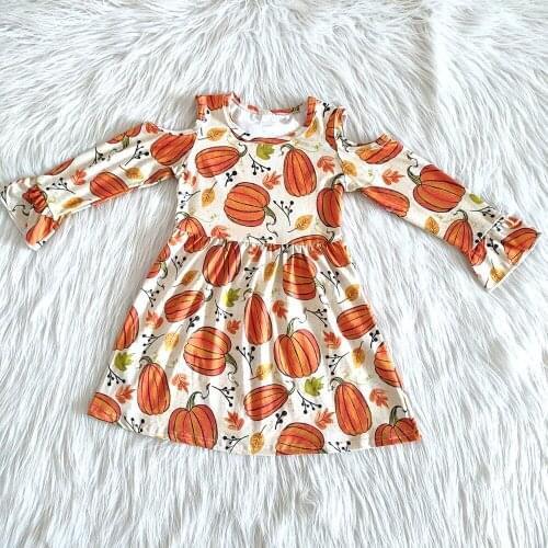 Fashion girls pumpkin dress with new design kids long sleeve Halloween frocks baby girl boutique ruffle dress