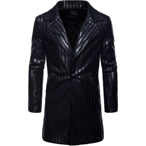 Europe/US size Leather Jacket Men British Style Single Button Long Suit Leather Jacket Autumn Stripe Male Leather Jackets Coats