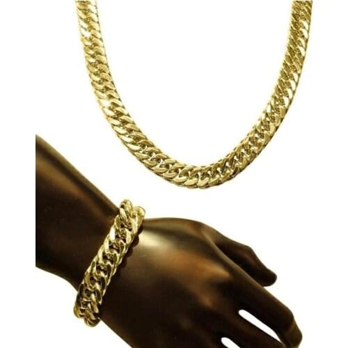 Mens Accessories Yellow Gold Filled Mens Necklace Bracelet Set Double Curb Chain Set (24"+9")