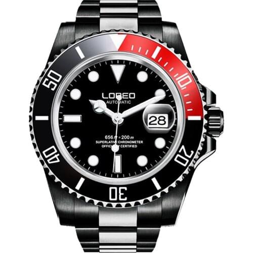 LOREO Sapphire Automatic Mechanical Watch Men silver Stainless steel waterproof black dial Watch relogio feminine