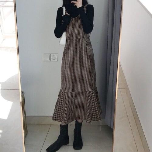 New Office Two Piece Set Vintage Black Full Sleeve Knitted Pullover Sweater Top + Houndstooth Shoulder Strap Mermaid Dress Suit