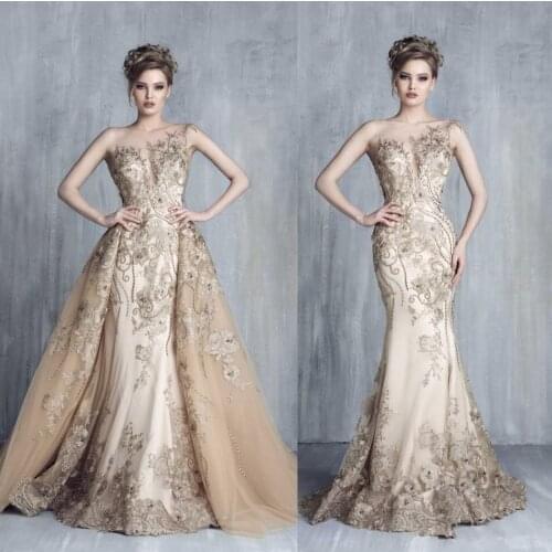 2019 Prom Dresses With Detachable Train Champagne Beads Mermaid Evening Gowns Lace Applique Luxury Party Dress robes