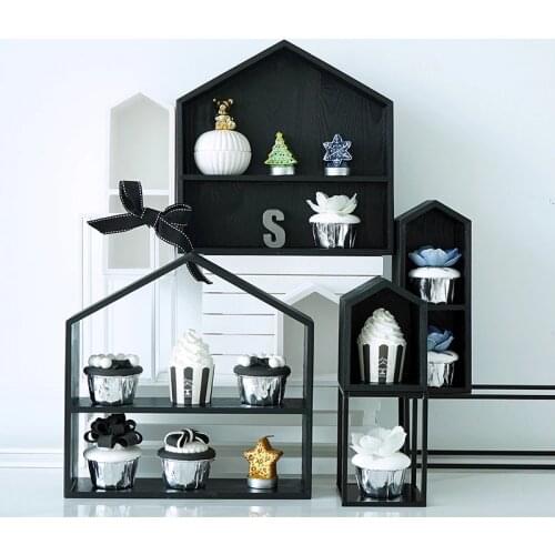 SWEETGO Black grey white wood house ornament racks for cupcake dessert table Nordic Fores wedding props tools wood cake stand