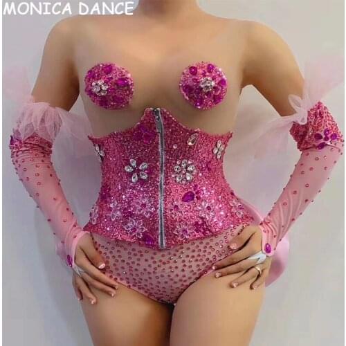 Sexy Stage Pink Rhinestone Sequin Transparent Bodysuit Gloves Bow Belt Birthday Celebrate Outfit Prom Women Dancer Show Wear