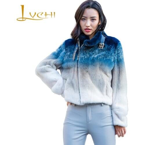 LVCHI Winter 2019 Mandarin Collar Real Mink Fur Coat Womens Gradient Long Sleeve Print Jacket Coat Short Zipper Slim Mink Coats