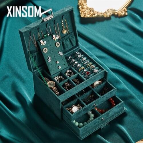 XINSOM Vintage Jewelry Organizer Box Three Layers Velvet Jewelry Box High Capacity Necklace Earrings Rings Bracelets Casket Case