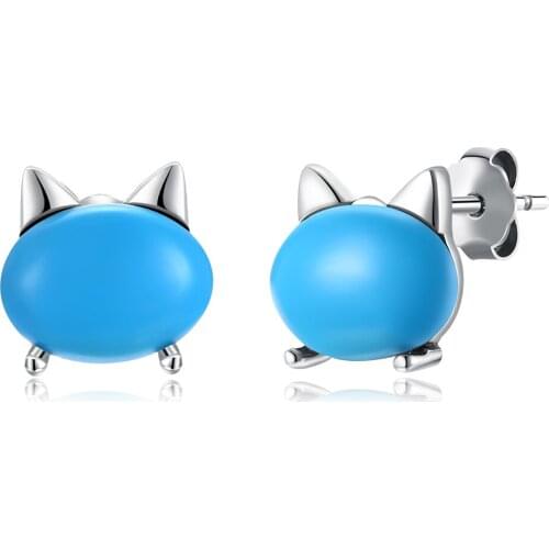 ZEMIOR 925 Sterling Silver Stud Earrings For Girl Simple Oval Shape Blue Kitten Anniversary Women Earring Fine Jewelry Best