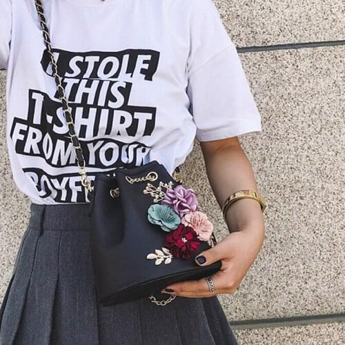 Fashion Trend Women Handbag PU Leather Bucket Shoulder Bag Chain Flowers Crossbody Bag Female Chic Messenger Hand Bags
