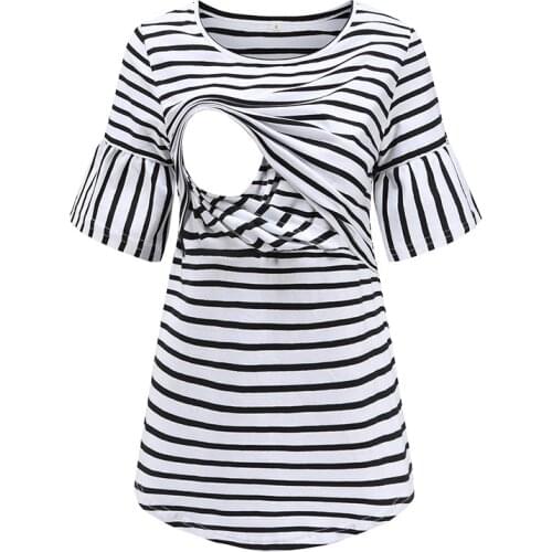 Womens Loose Striped Maternity Blouse Pregnancy flared sleeves Short Tops Summer Round Neck Breastfeeding Mama Clothes Casual