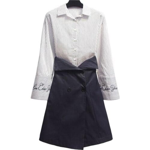 PERHAPS U Navy Blue Mini Short Skirt Button Strip Turn Down Collar Long Sleeve Shirt Women Set Two Pieces 2 T0056