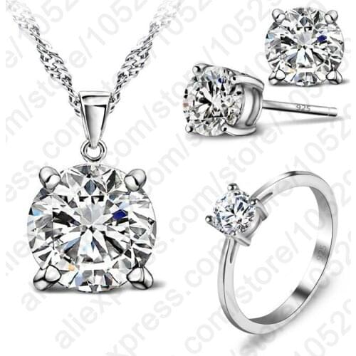 Top Quality 925 Sterling Silver Clear CZ 4 Claw Pendant Jewelry Sets For Women Bridal Wedding Gifts