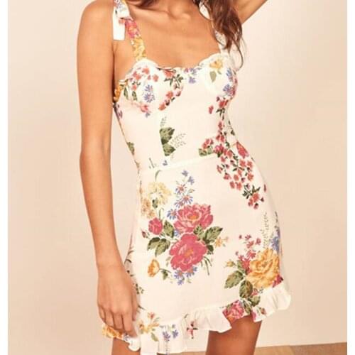 2021 New Elegant Flower Print Tie Bow Spaghetti Strap Short Women Summer Dress Wood Ear Ruffle Hem Ruched Back Sling Dresses