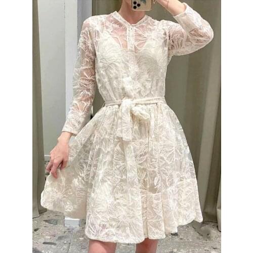 2021 France Woman Lace Dress Long Sleeve White Embroidery Hollow Out Floral Rope Belt 2pcs Set Lady Casual Formal Elegant Outfit