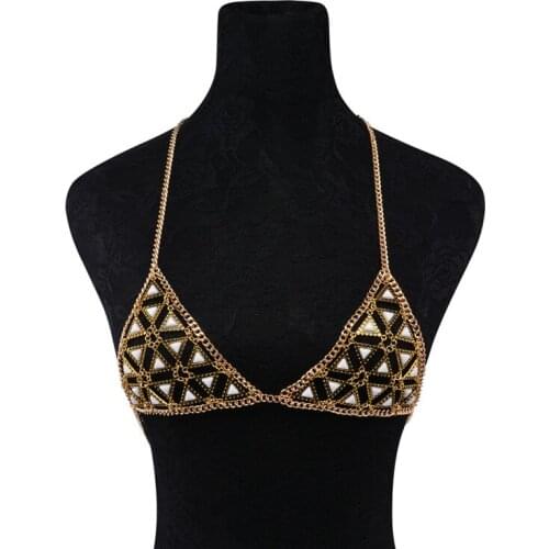 2017 new Jewelry retro exaggerated personality fashion triangle Stone handmade bra chest chain bodychain necklace