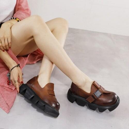Retro Genuine Leather Buckle Handmade Pumps Women Harajuku Shoes 2020 Thick-Soled Platform Wedges High Heel Shoes Women Creepers