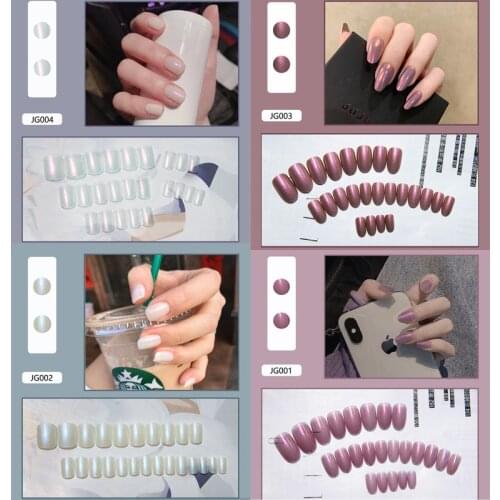 24pcs Short Detachable Fake Nails Oval Square Head Mermaid Pearl Powder Press Nails Students Cute Style Nail Extension Design