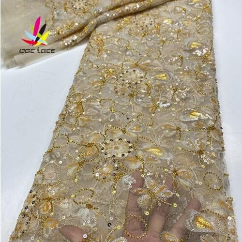 African mesh lace fabric embroidered french tulle fabric with Machine beads embroidery lace design for wedding dresses