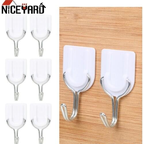 Stainless steel White Hooks Door Sticky Hanger Holder Kitchen Bathroom Strong Adhesive Hook 6pcs/set Creative Wall Mounted